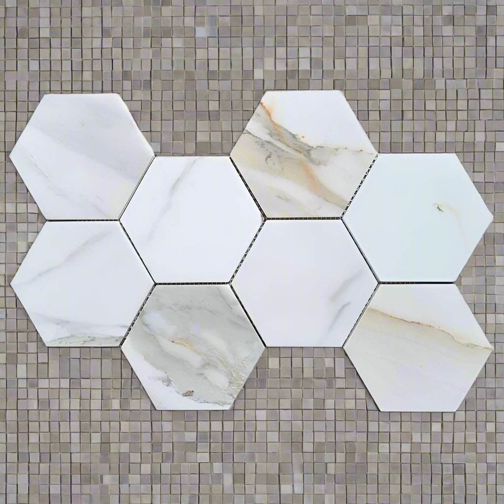 5” Calacatta Gold Hexagon Mosaic Tile - Hey Tiles