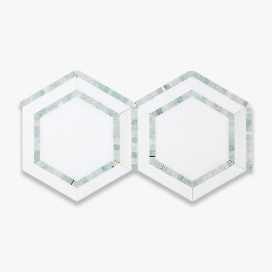 5” Thassos White (Greek) Marble + Ming Green Hexagon Combination Mosaic Tile - Hey Tiles