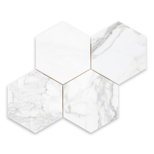 6” Calacatta Gold Hexagon Mosaic Tile 3/8 - Hey Tiles