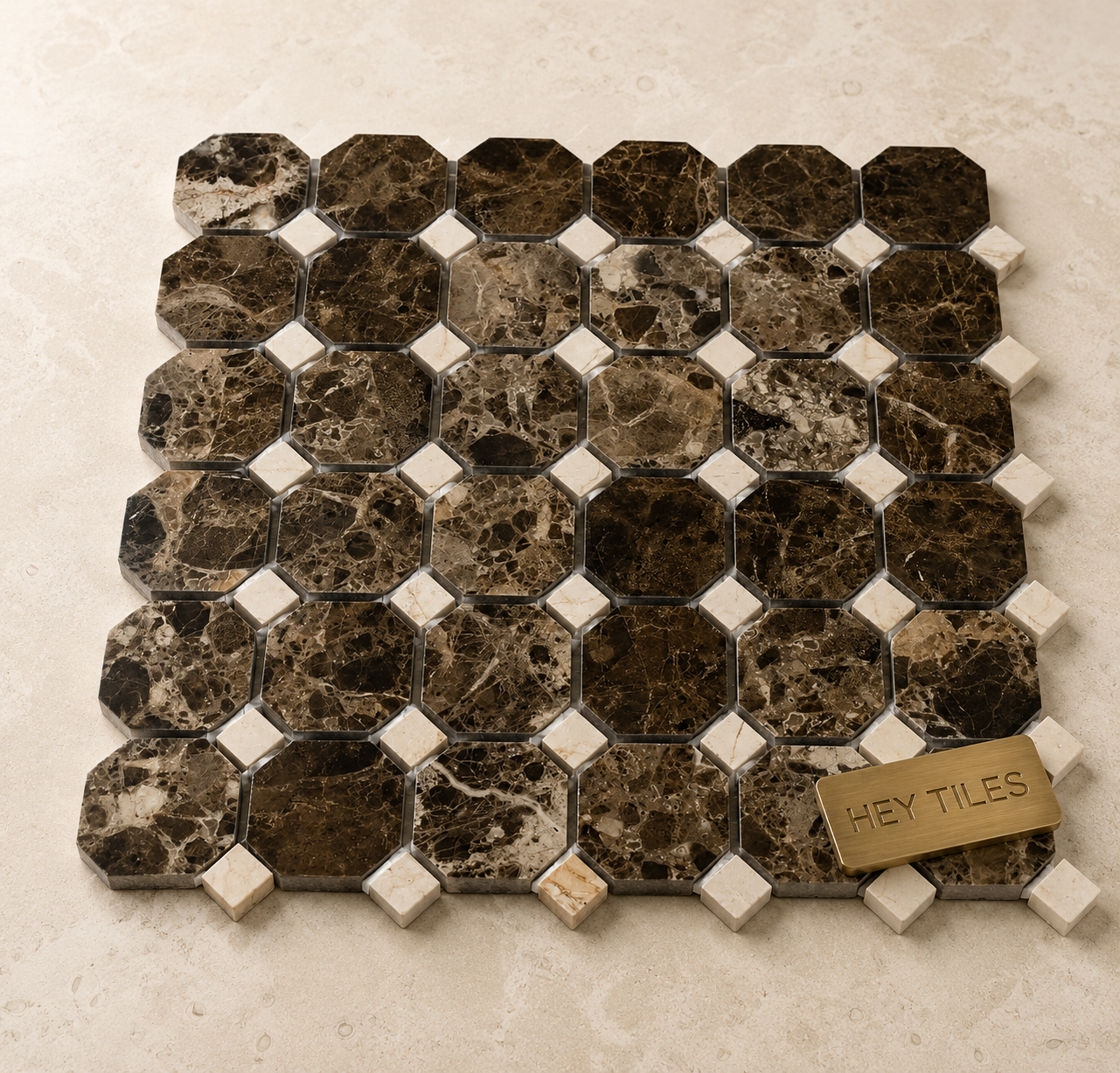 12x12 Iberian Emperador Marfil Octagon Marble Mosaic Tile