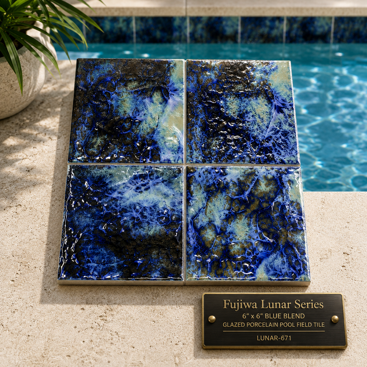 Fujiwa Lunar Series: 6" x 6" Blue Blend Glazed Porcelain Pool Field Tile
