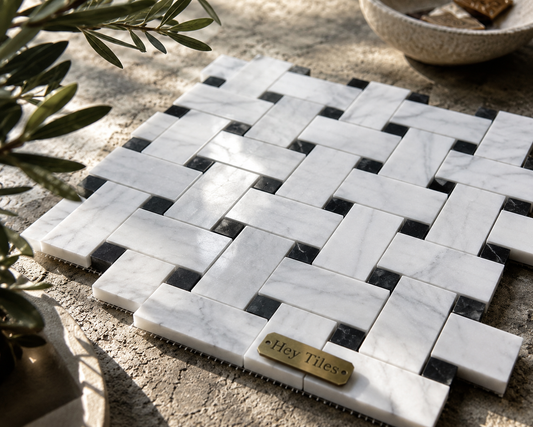Jumbo Carrara Basketweave Tile - Tuxedo Dot