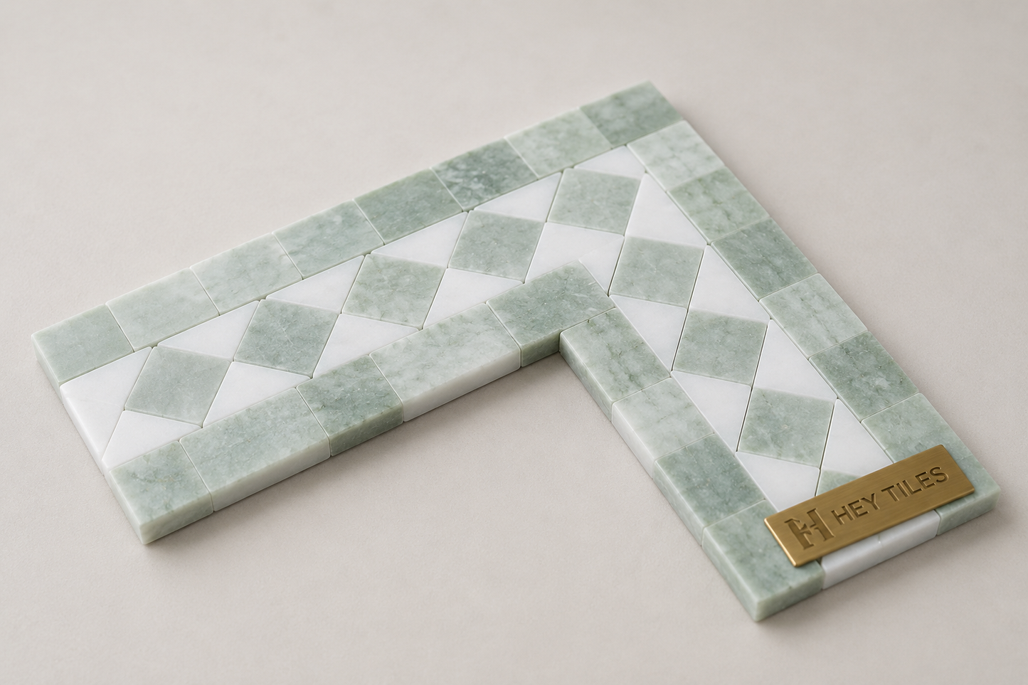 Thassos White & Ming Green Dot 4-3/4" x 2" Polished Marble Bias Border Corner
