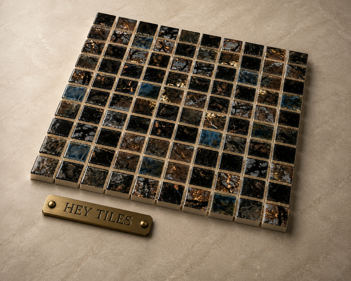 Fujiwa Saga Series: 1-1/8" x 1-1/8" Bronze Blend Semi-Gloss Porcelain Square Mosaic Tile