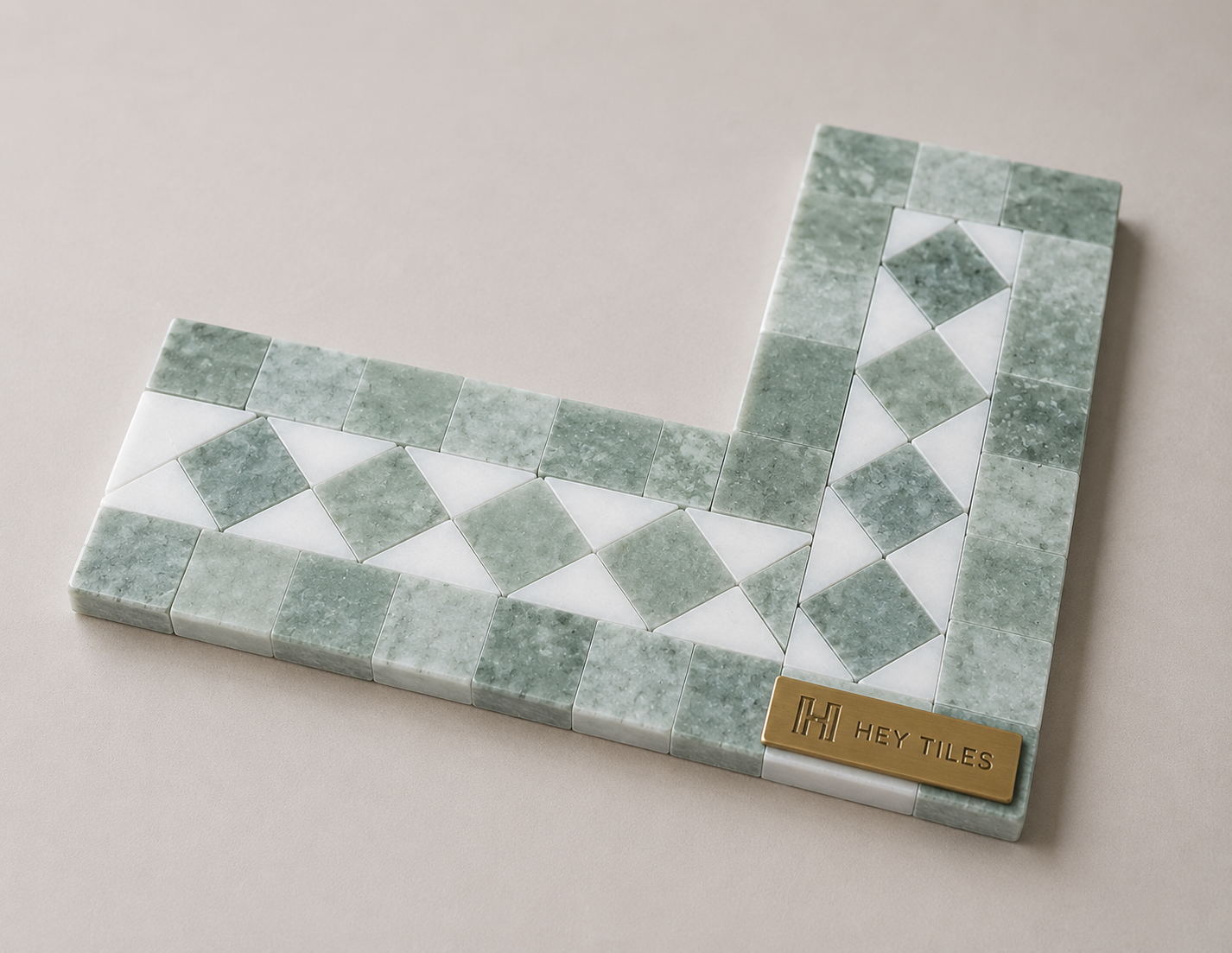 Thassos White & Ming Green Dot 4-3/4" x 2" Polished Marble Bias Border Corner
