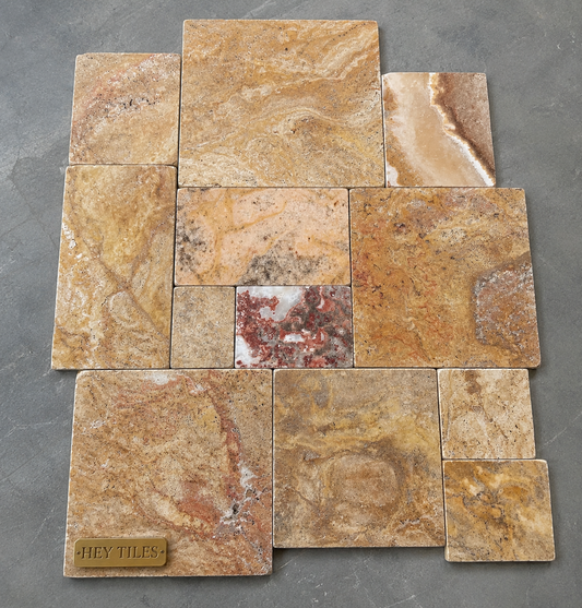 Scabos Tumbled Travertine Versailles (French) Pattern Floor and Wall Tile Set
