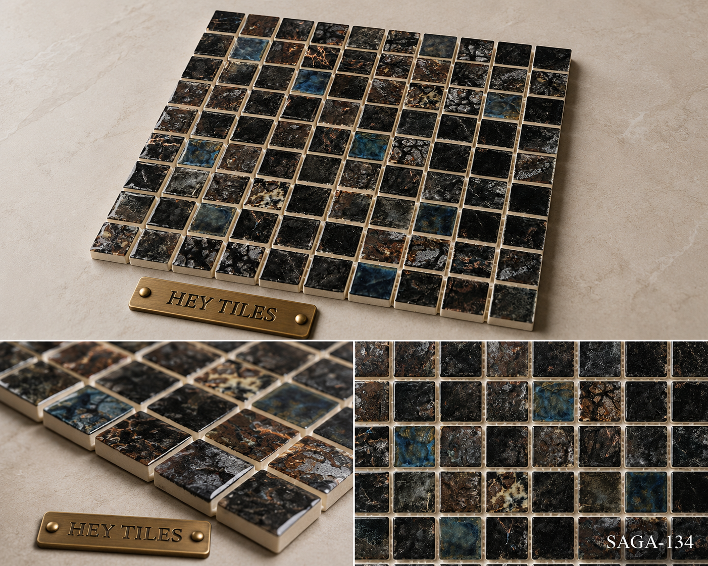 Fujiwa Saga Series: 1-1/8" x 1-1/8" Bronze Blend Semi-Gloss Porcelain Square Mosaic Tile
