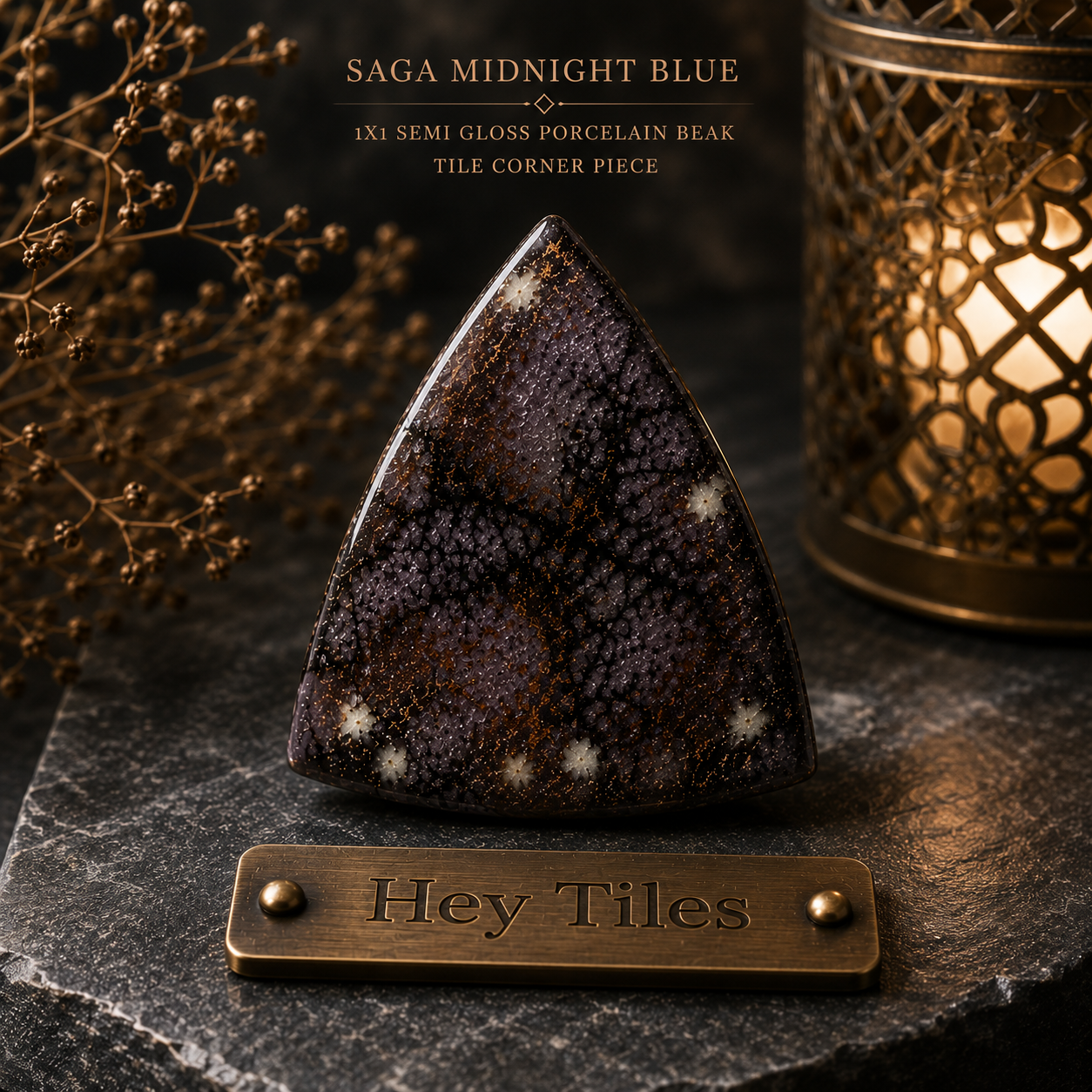 Fujiwa Saga Series: 1" x 1" Midnight Blue Semi-Gloss Porcelain Beak Outside Corner Tile