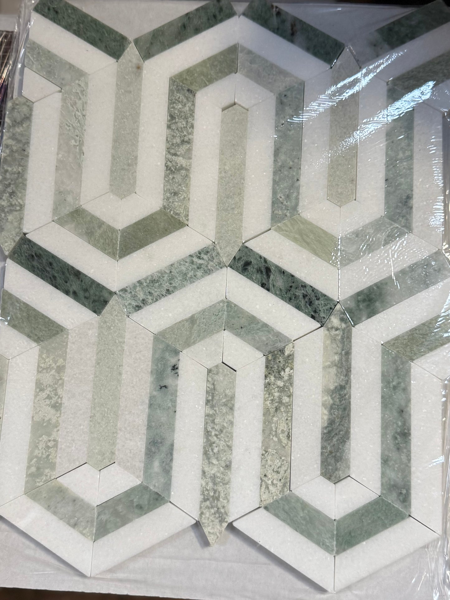 Thassos White Marble Berlinetta with Ming Green Mosaic Tile