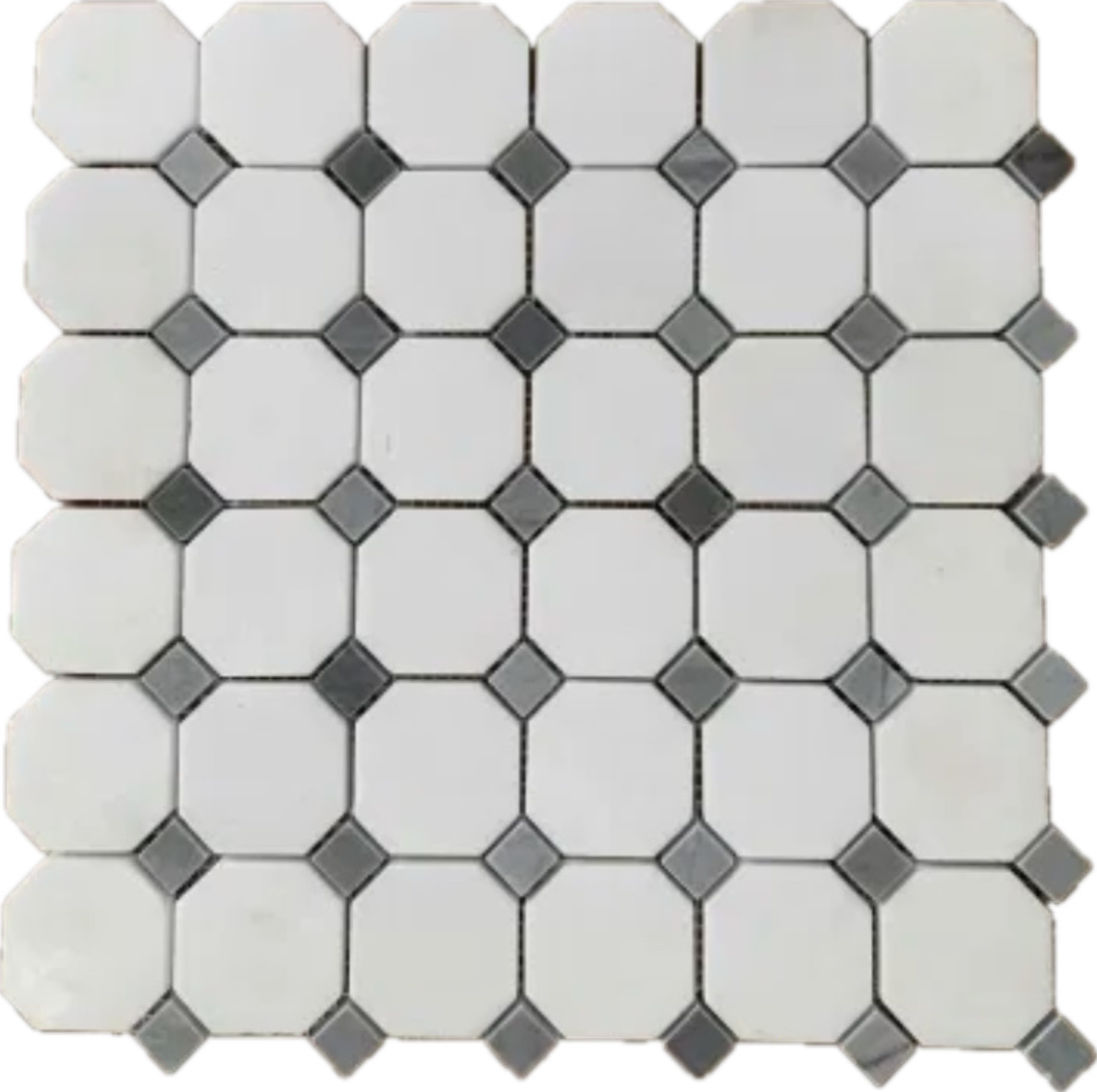 Thassos White Marble + Bardiglio Gray Dots Octagon Honed Mosaic Tile