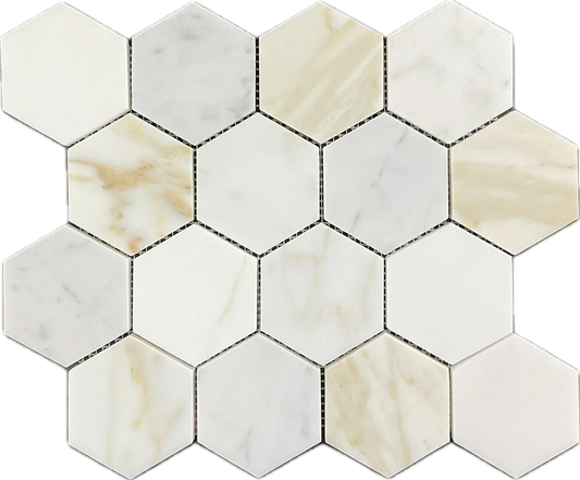 3" Calacatta Gold Marble Polished Hexagon Mosaic Tile