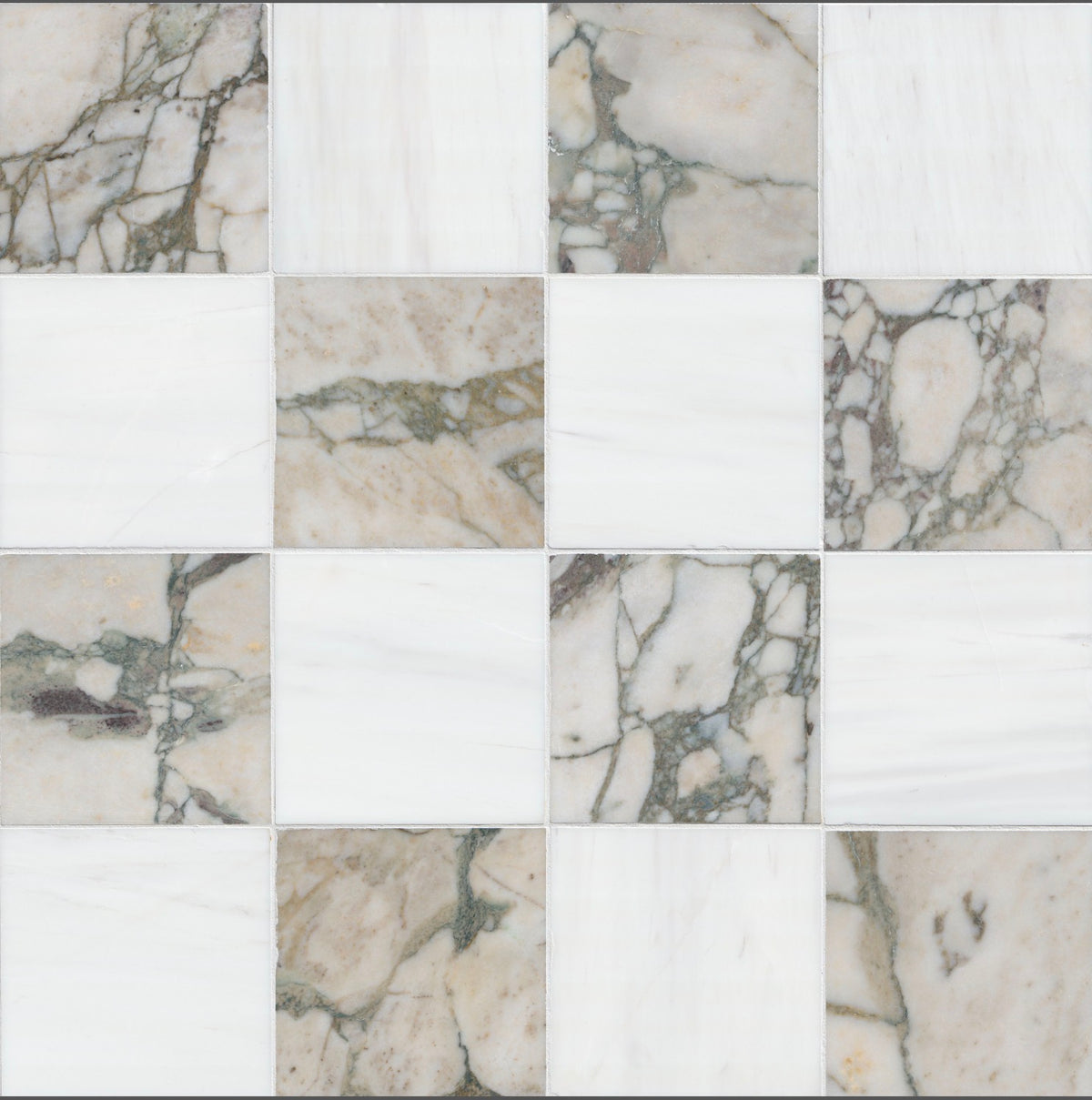 Calacatta Green Calaverde & Bianco Dolomite Chex 6" × 6" Honed Marble Mosaic