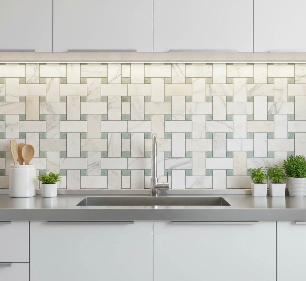 Jumbo Calacatta Green CalaVerde Large Basketweave Marble Mosaic