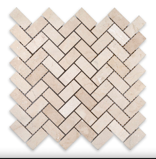 Alicante Crema Marfil Beige 1x2 Herringbone Marble Polished Mosaic Tile