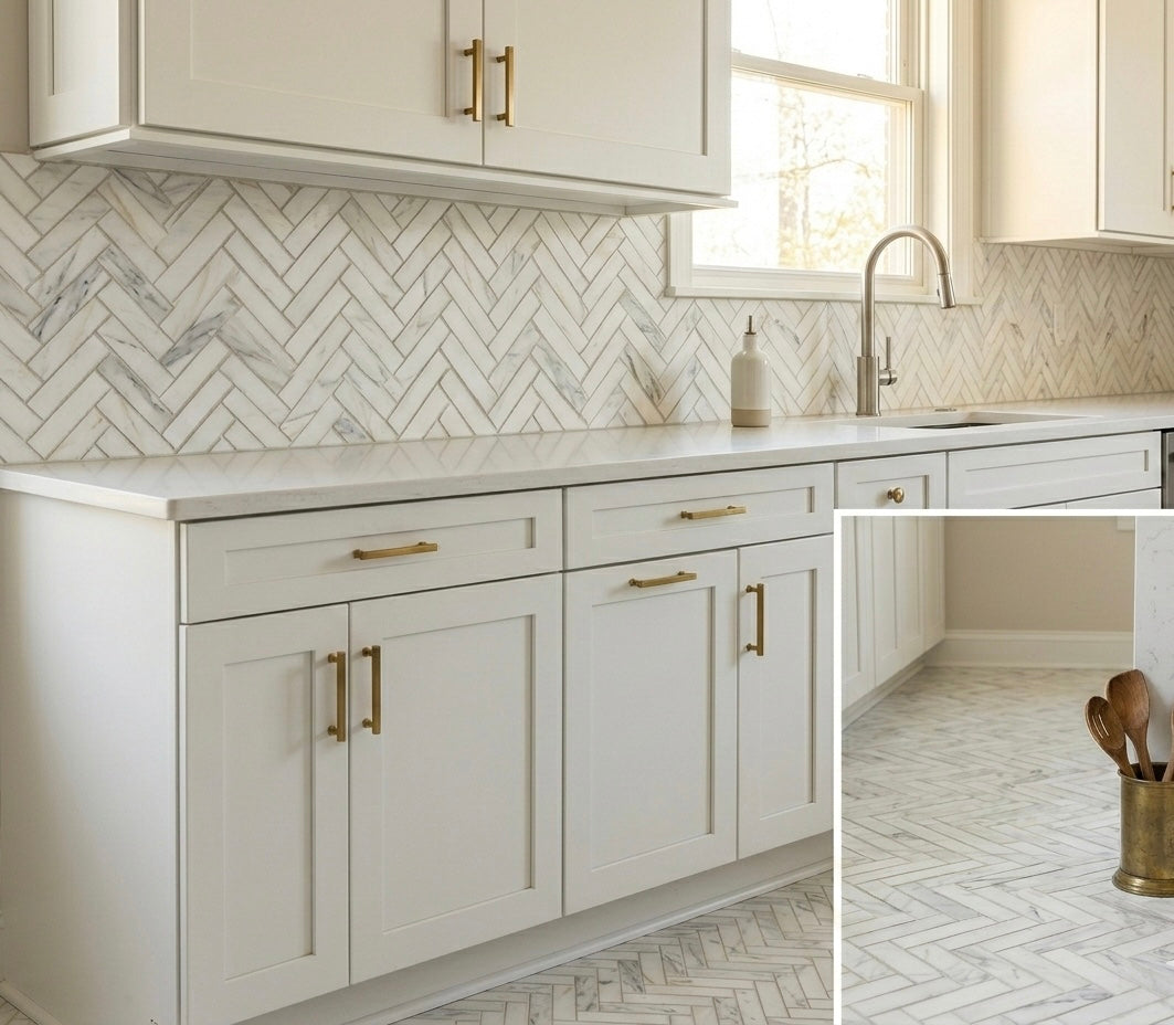 1x3 Tuscan Calacatta Marble Herringbone Mosaic Tile
