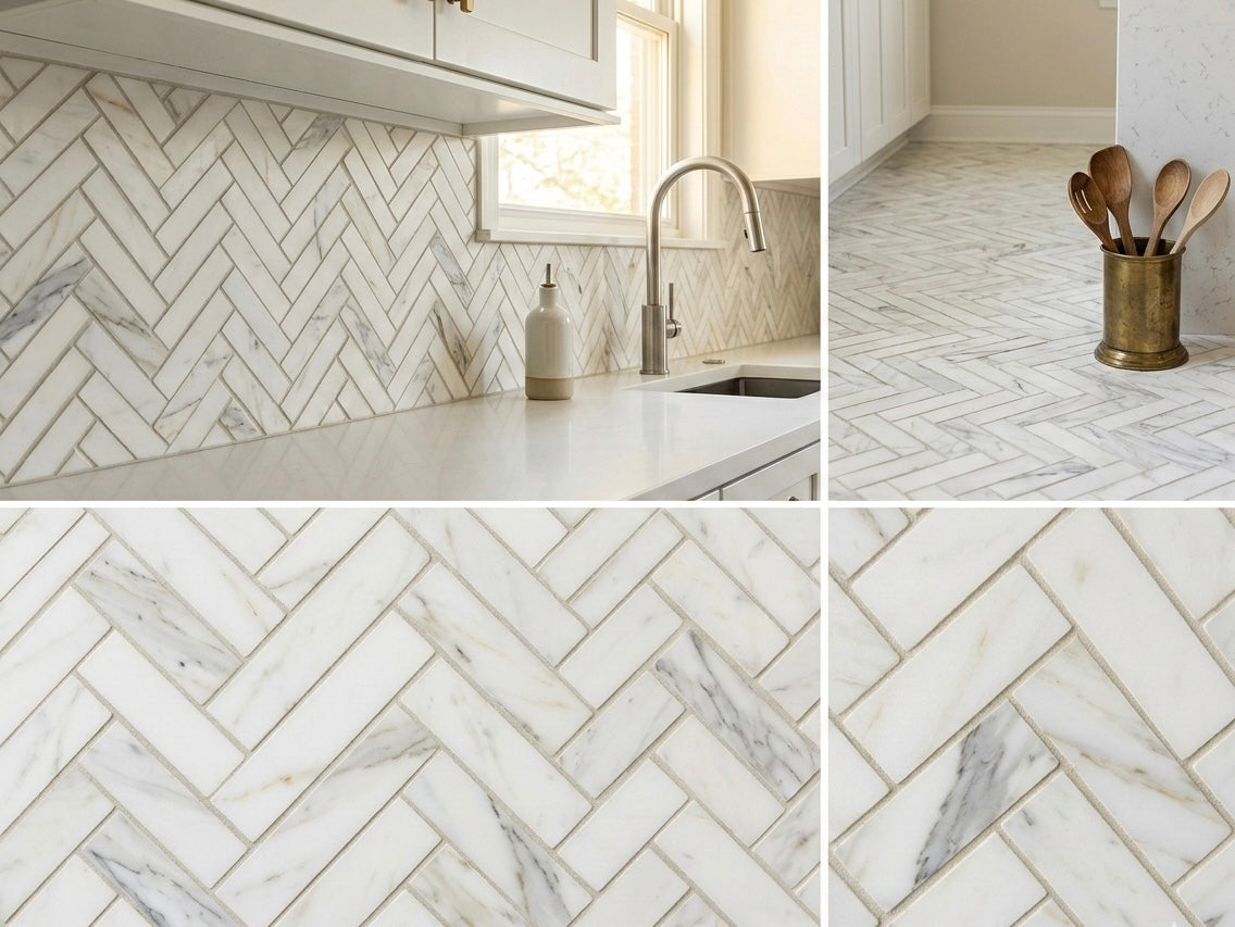 1x3 Tuscan Calacatta Marble Herringbone Mosaic Tile