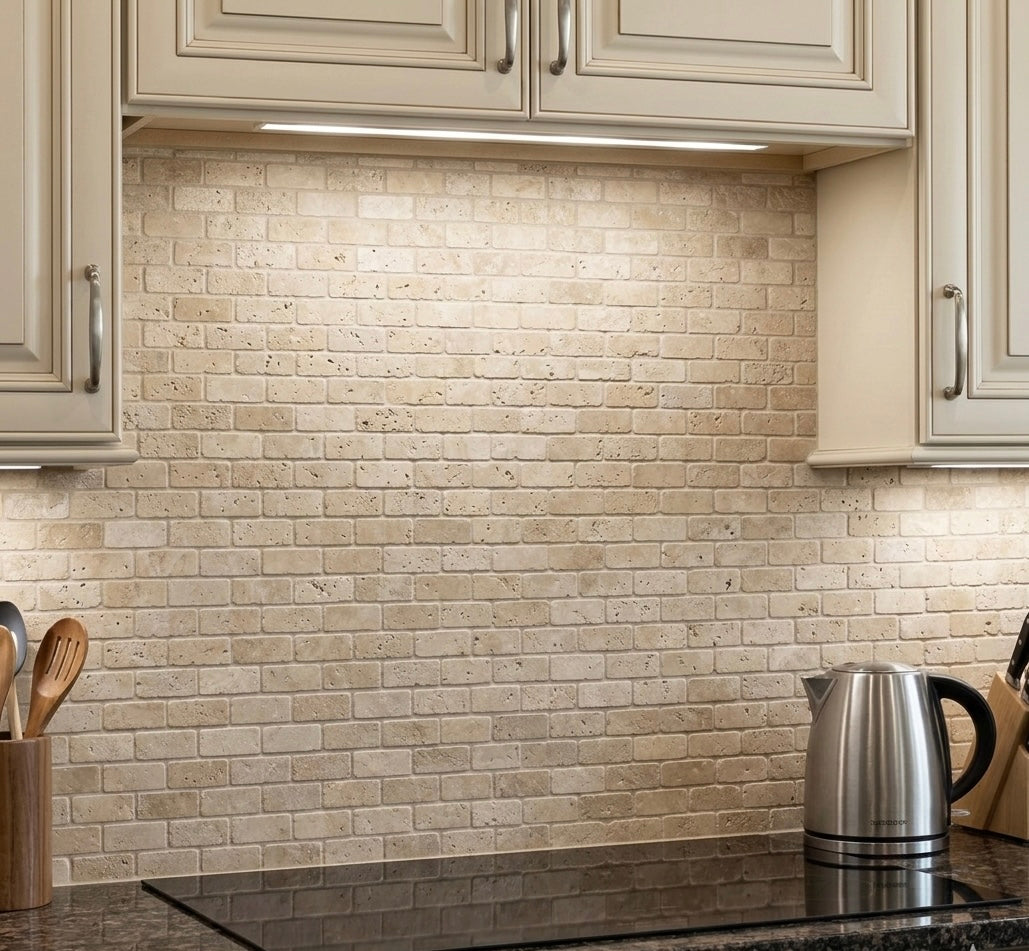 Ivory Travertine 1" x 2" Tumbled Brick Mosaic Tile