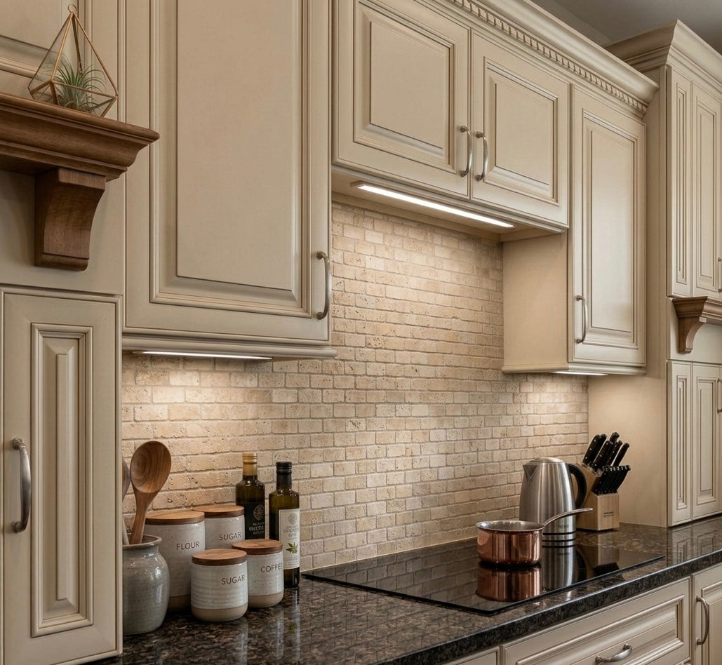 Ivory Travertine 1" x 2" Tumbled Brick Mosaic Tile