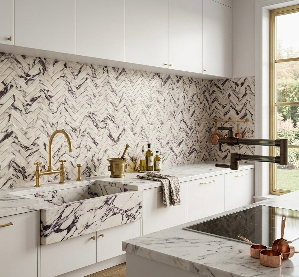 1x4 Calacatta Violet Purple Honed Herringbone Marble Mosaic