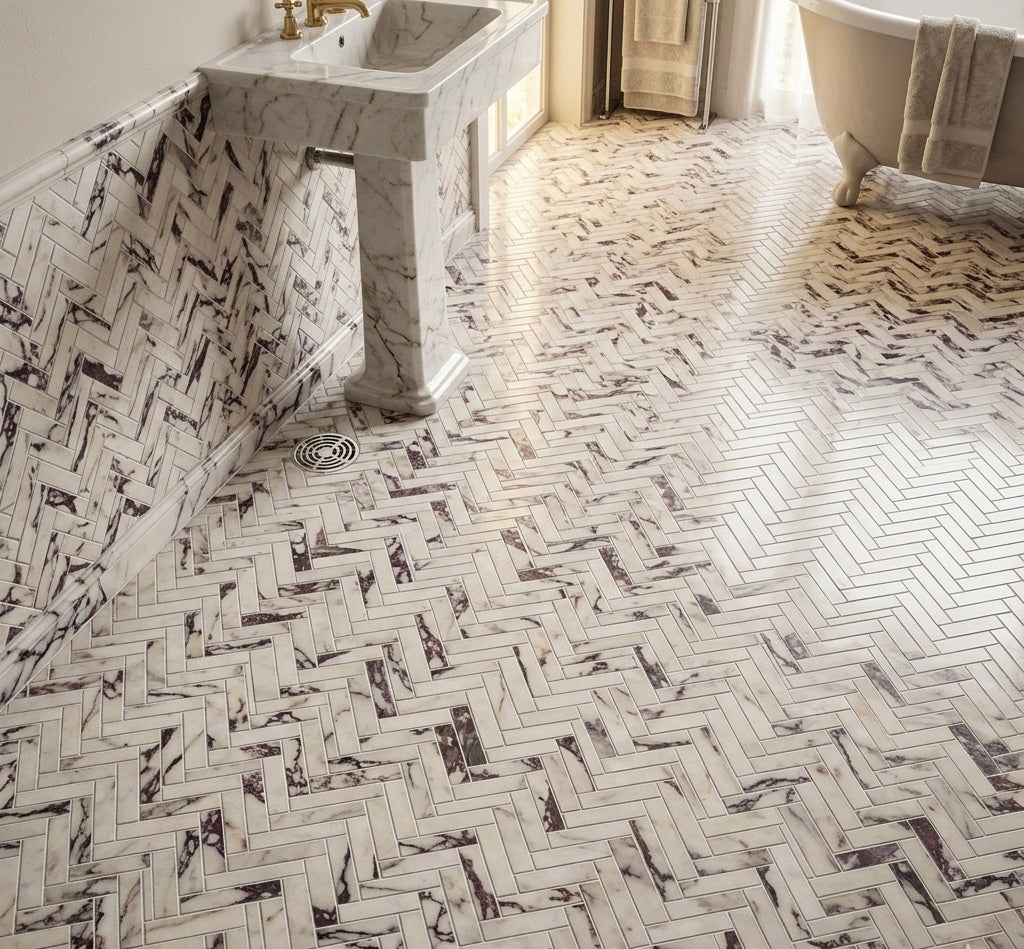 1x4 Calacatta Violet Purple Honed Herringbone Marble Mosaic