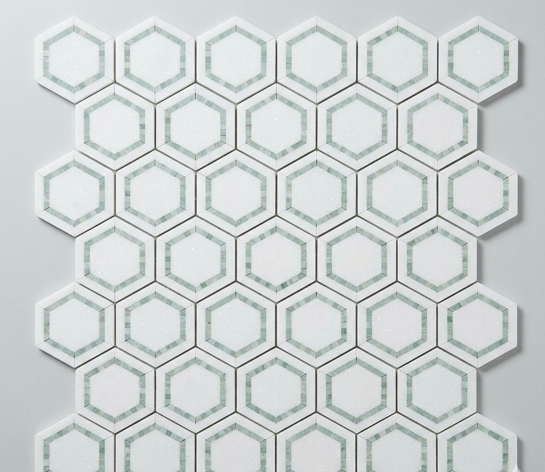 The Grand Lattice System: 5” Hexagon Thassos & Ming Green Seamless Mosaic