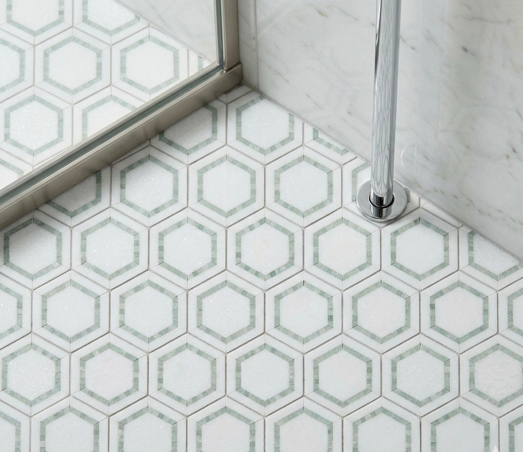 The Grand Lattice System: 5” Hexagon Thassos & Ming Green Seamless Mosaic