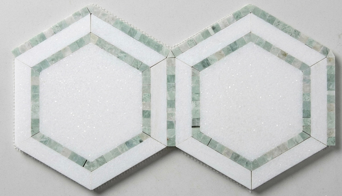 The Grand Lattice System: 5” Hexagon Thassos & Ming Green Seamless Mosaic