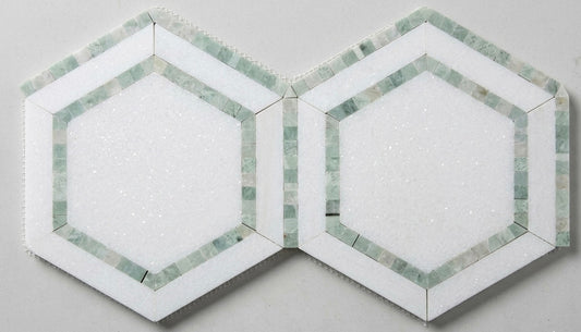5” Thassos White (Greek) Marble + Ming Green Hexagon Combination Mosaic Tile