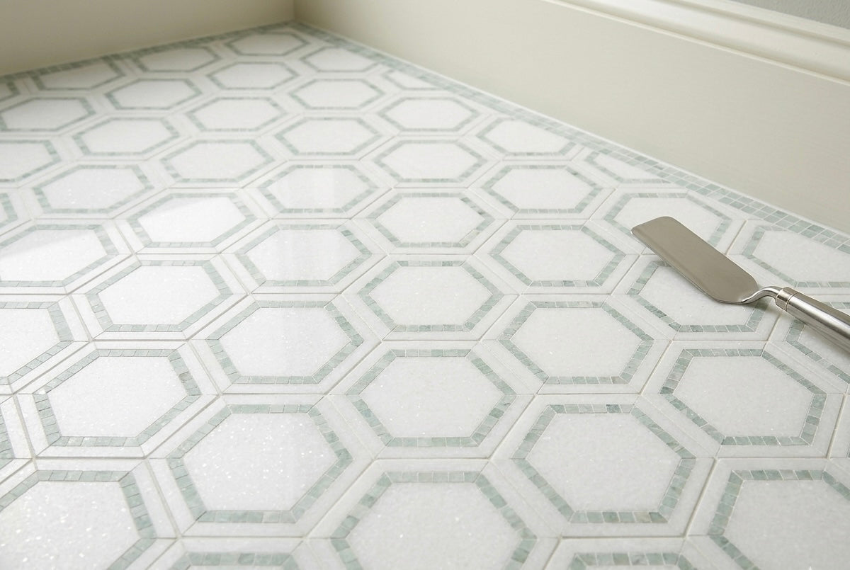 The Grand Lattice System: 5” Hexagon Thassos & Ming Green Seamless Mosaic