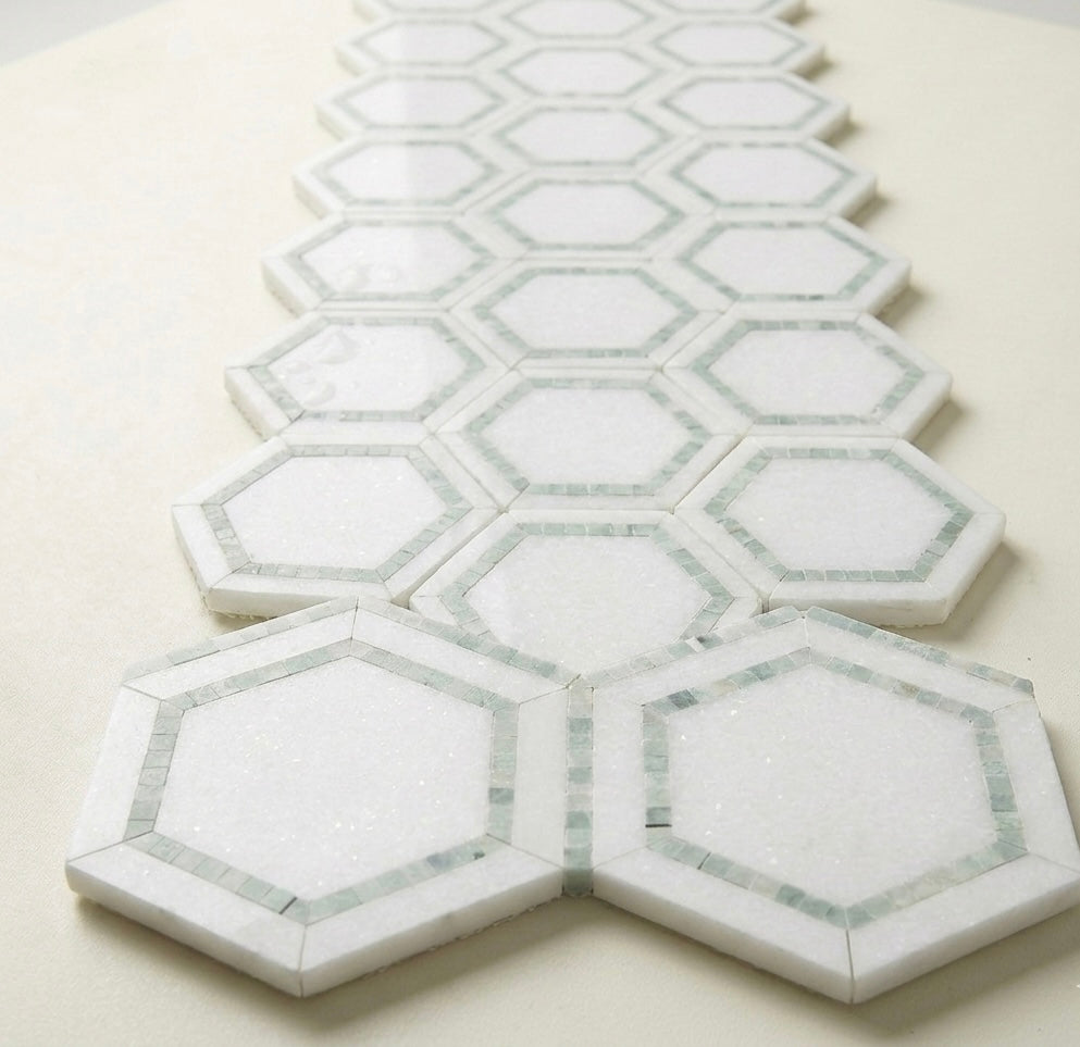 The Grand Lattice System: 5” Hexagon Thassos & Ming Green Seamless Mosaic