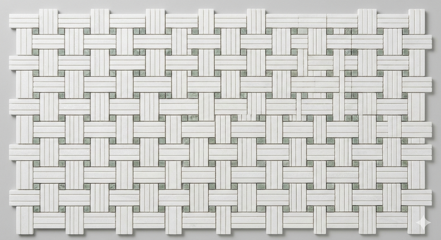 Thassos White Marble Triple - Weave Mosaic w/ Ming Green Dots