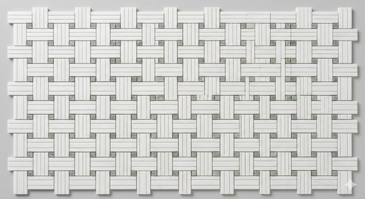 Thassos White Marble Triple - Weave Mosaic w/ Ming Green Dots