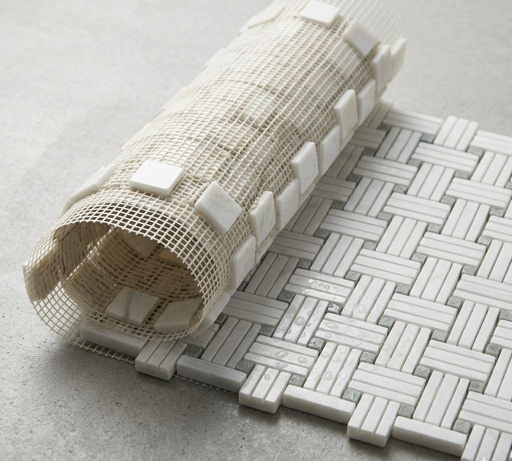 Thassos White Marble Triple - Weave Mosaic w/ Ming Green Dots