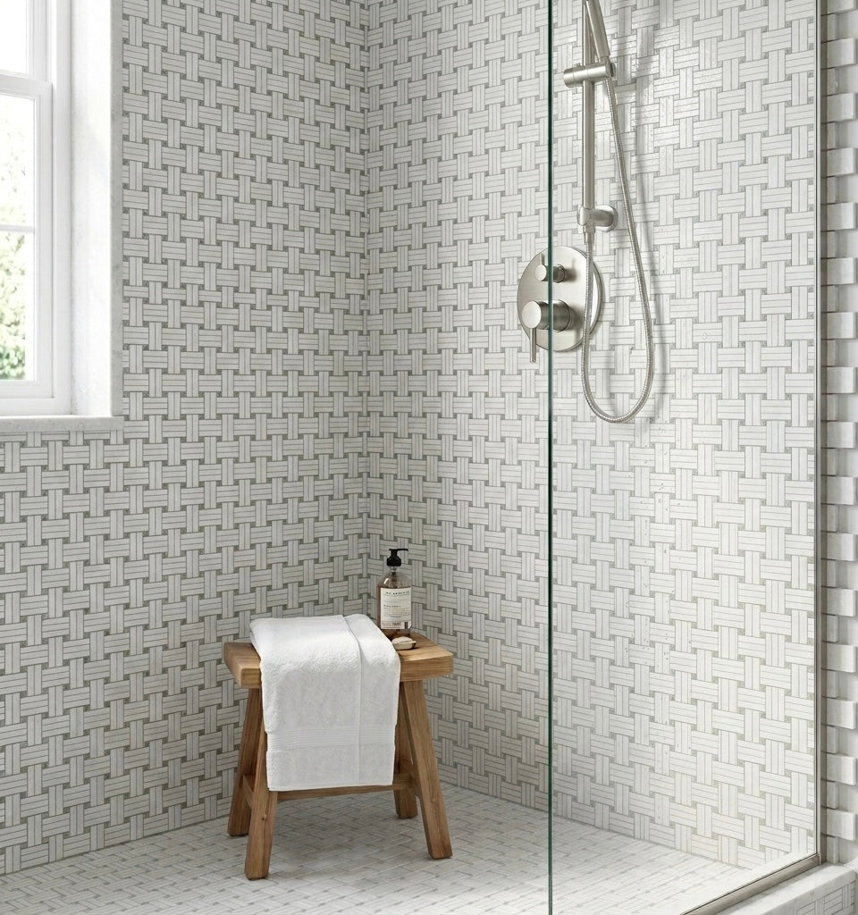 Thassos White Marble Triple - Weave Mosaic w/ Ming Green Dots