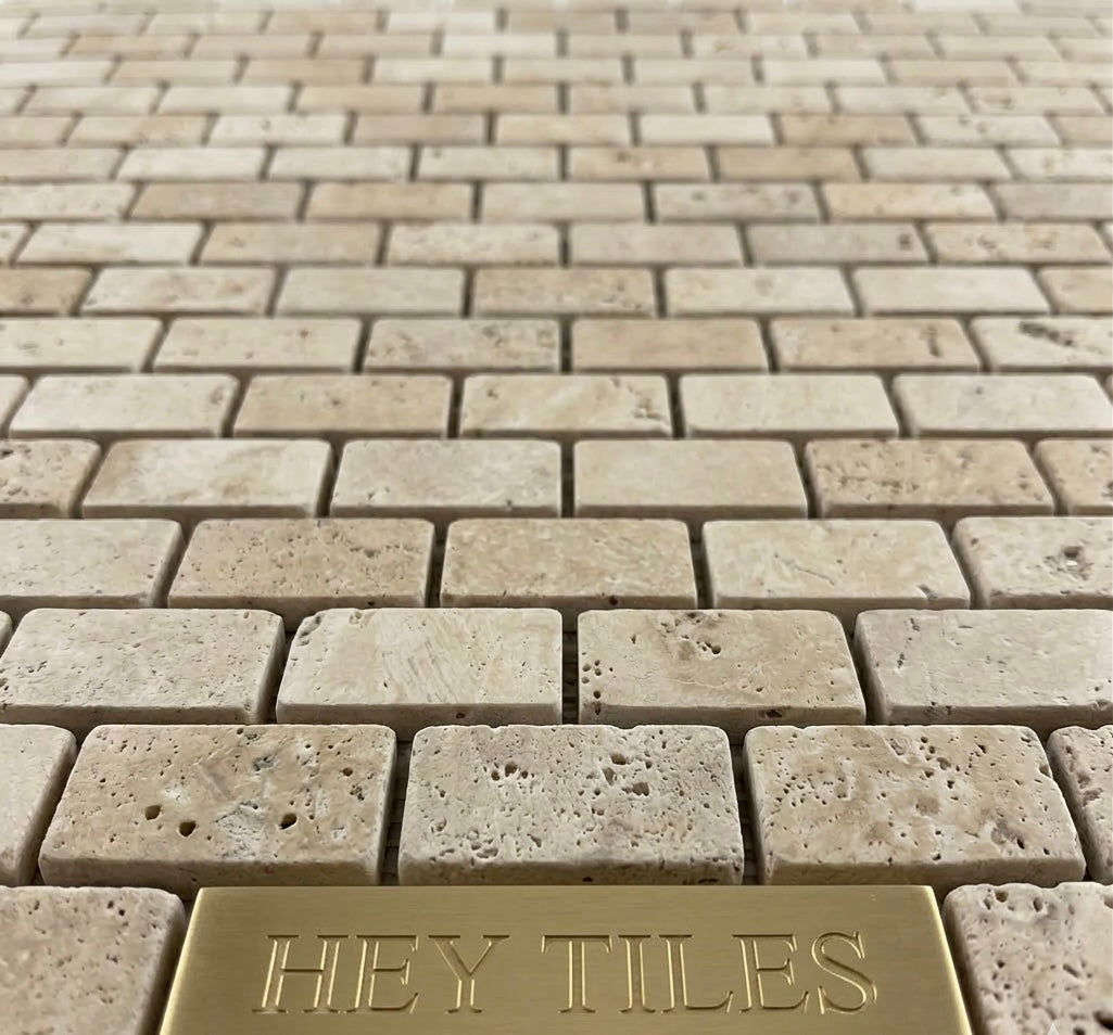 Ivory Travertine 1" x 2" Tumbled Brick Mosaic Tile