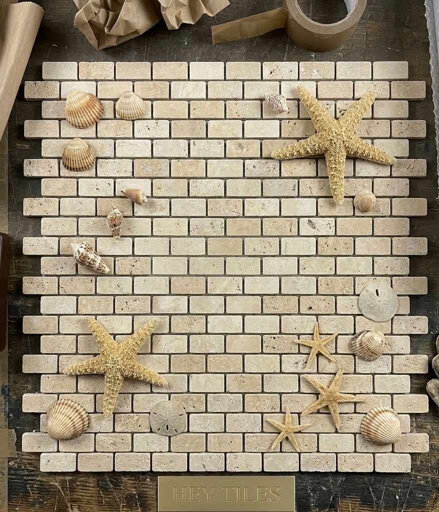Ivory Travertine 1" x 2" Tumbled Brick Mosaic Tile