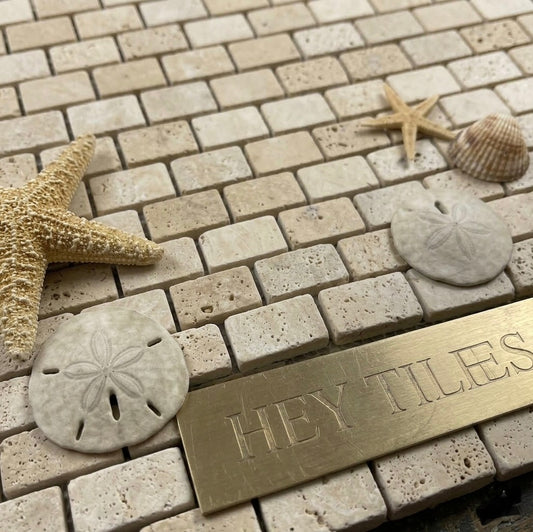 Ivory Travertine 1" x 2" Tumbled Brick Mosaic Tile