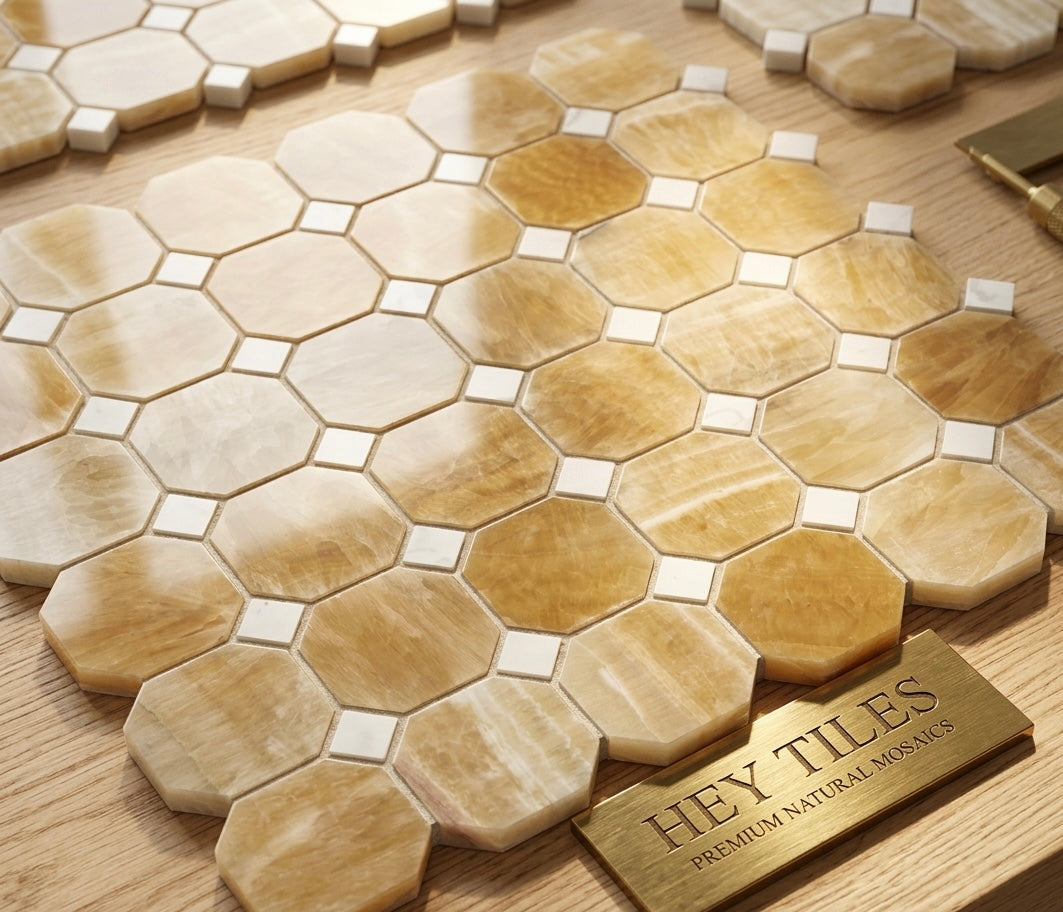 Honey Onyx Thassos  Dot Octagon Polished Mosaic Tile