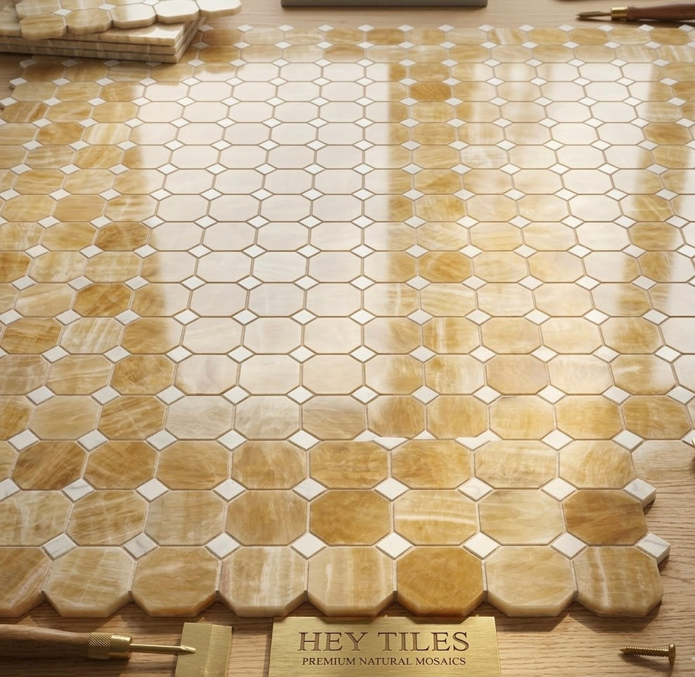 Honey Onyx Thassos  Dot Octagon Polished Mosaic Tile