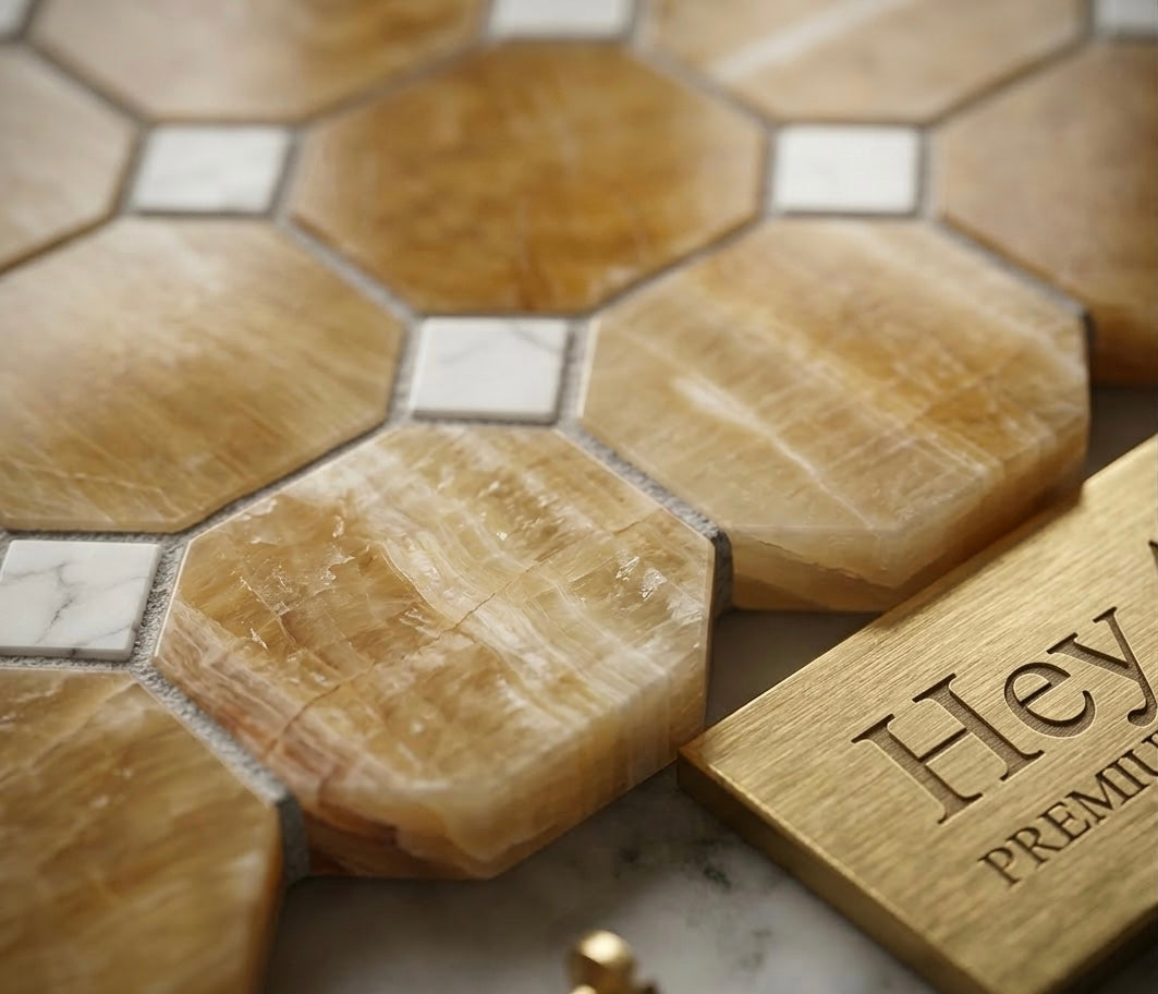 Honey Onyx Thassos  Dot Octagon Polished Mosaic Tile