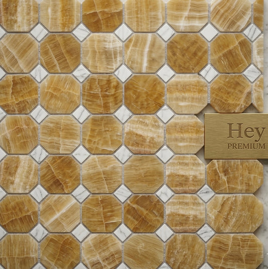 Honey Onyx Thassos  Dot Octagon Polished Mosaic Tile