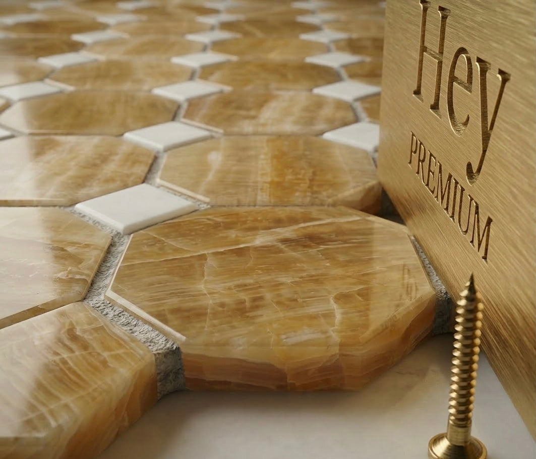 Honey Onyx Thassos  Dot Octagon Polished Mosaic Tile