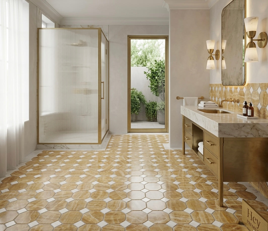 Honey Onyx Thassos  Dot Octagon Polished Mosaic Tile
