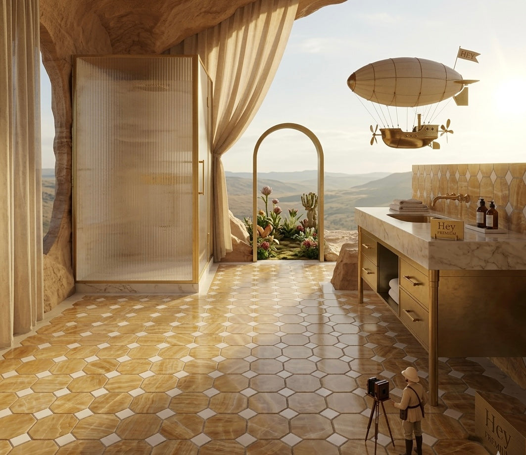 Honey Onyx Thassos  Dot Octagon Polished Mosaic Tile