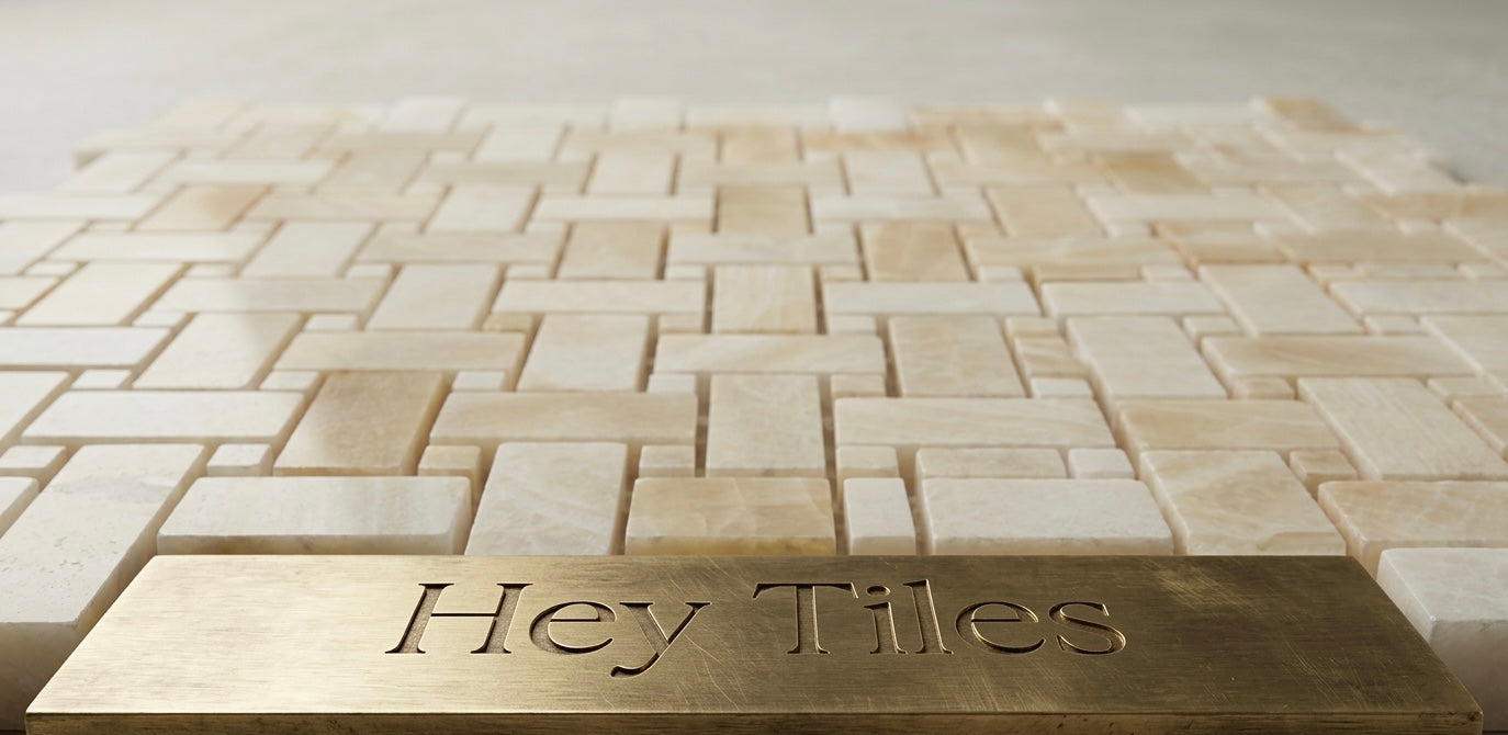 Vanilla White Onyx Basketweave Mosaic Cross-Cut w/ Onyx Dots Polished