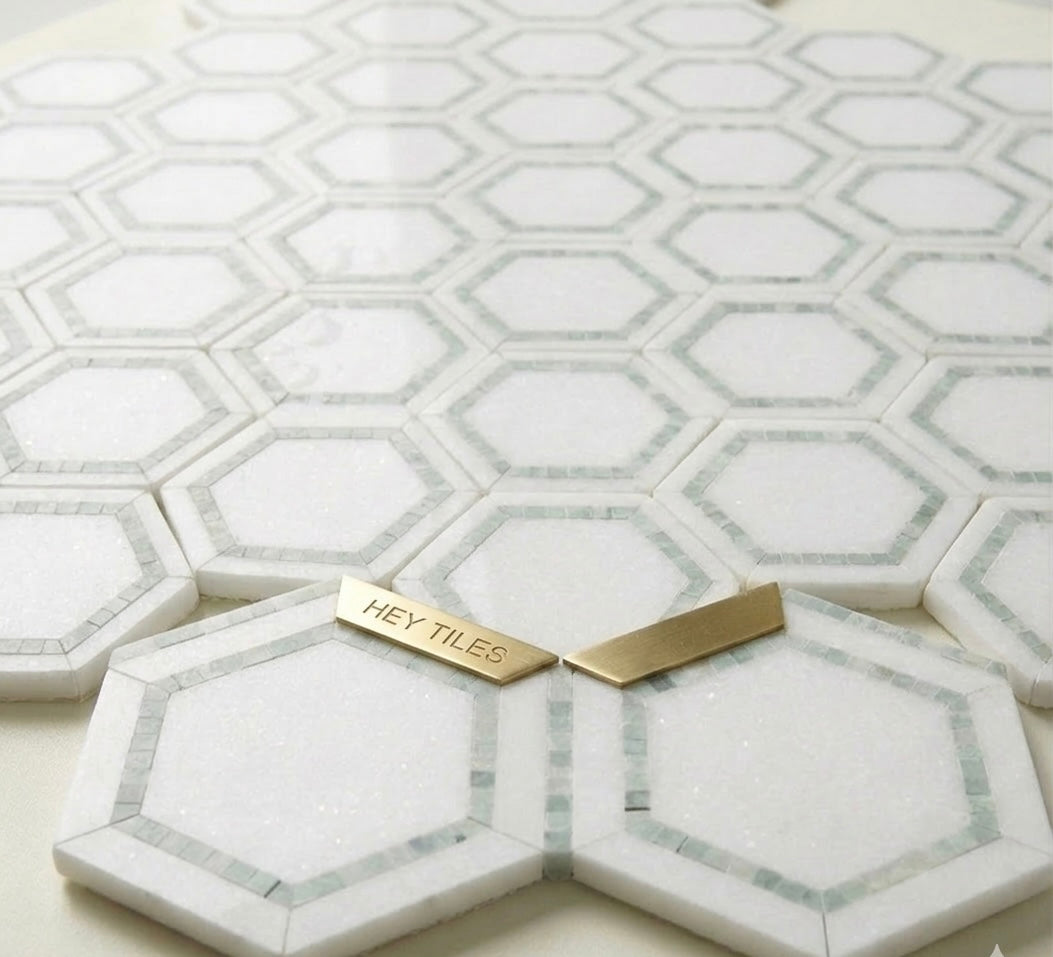 The Grand Lattice System: 5” Hexagon Thassos & Ming Green Seamless Mosaic