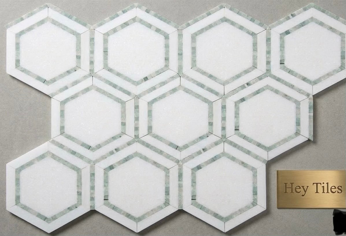 The Grand Lattice System: 5” Hexagon Thassos & Ming Green Seamless Mosaic