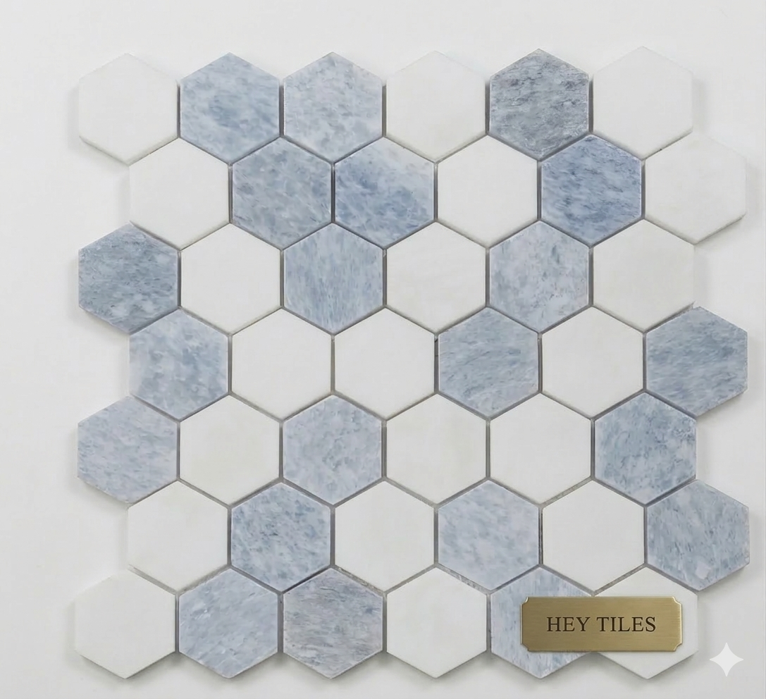 2” Thassos White + Blue Celeste Polished Hexagon 11.75 x 12