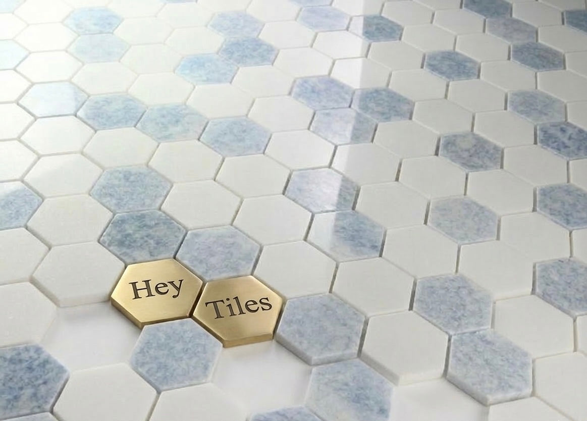 2” Thassos White + Blue Celeste Polished Hexagon 11.75 x 12