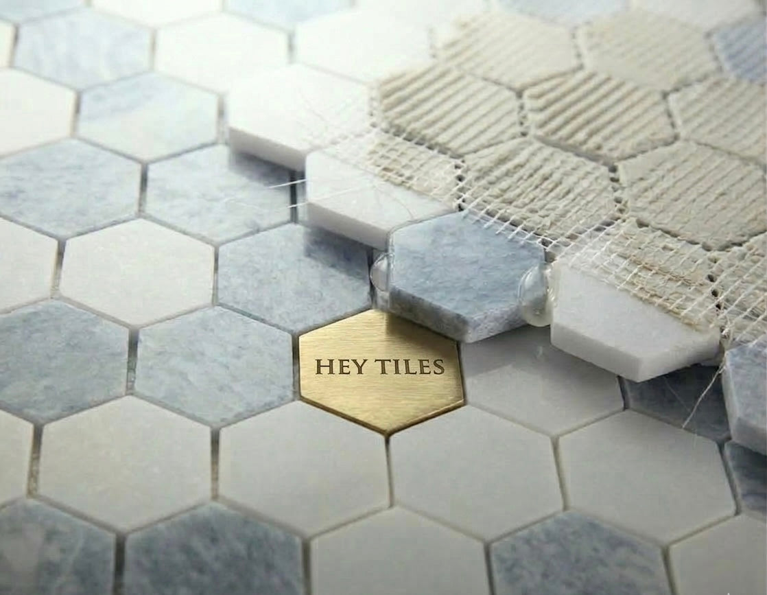 2” Thassos White + Blue Celeste Polished Hexagon 11.75 x 12
